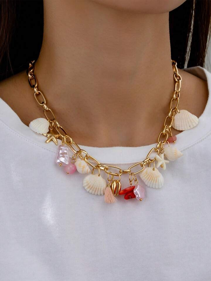1 Pc BOHO Vocation Beach Style Shell Starfish Summer Multi Charm Necklace | SHEIN