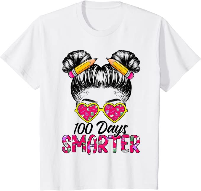 100 Days Smarter Girls Messy Bun Hair 100th Day Of School T-Shirt | Amazon (US)