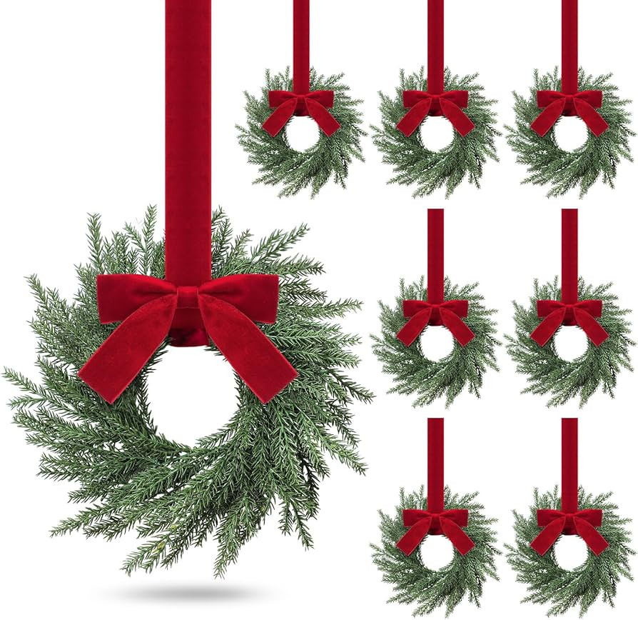 8 Pcs Small Christmas Norfolk Wreaths Evergreen 12.6 Inch Christmas Kitchen Cabinet Mini Wreaths ... | Amazon (US)