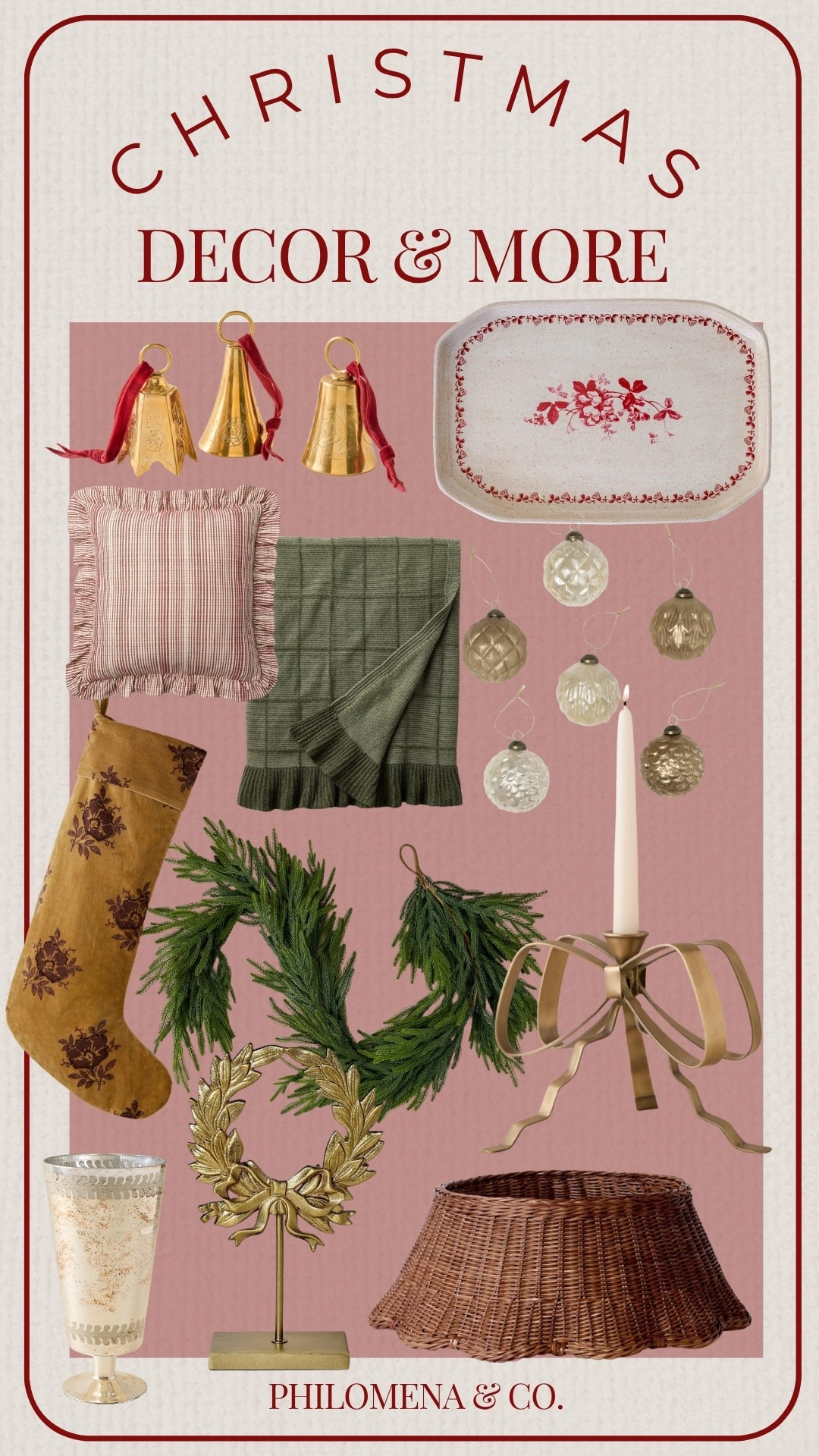 Christmas decor, holiday home decor, classic Christmas decorations, traditional Christmas style, cozy Christmas living room, vintage Christmas aesthetic, timeless holiday decor, red and green Christmas palette, rustic Christmas home, elegant holiday styling, gold Christmas bells, striped Christmas pillow, green knit throw blanket, red and gold ornaments, vintage glass ornaments, floral Christmas stocking, cedar Christmas wreath, wicker tree collar, gold candle holder, brass wreath stand, red and white holiday serving tray, mercury glass vase, traditional Christmas garland, modern traditional Christmas, cottagecore Christmas decor, warm neutral holiday home, nostalgic Christmas charm, heirloom holiday decor, cozy cottage Christmas, classic holiday table setting, old-world Christmas style, natural holiday greenery, European-inspired Christmas decor, Philomena & Co holiday decor, curated Christmas finds, shop holiday home decor, Christmas styling ideas, Christmas moodboard inspiration, Christmas decor roundup, holiday home favorites, Christmas home essentials, holiday shop edit, Christmas decor ideas 2025, woven tree skirt, Magnolia, Hearth & Hand, Lulu & Georgia, McGee and Co., Target, Norfolk garland, Christmas garland, mantle garland, ornaments, stockings, Christmas pillow, Christmas tablescape

#LTKHome #LTKStyleTip #LTKSeasonal