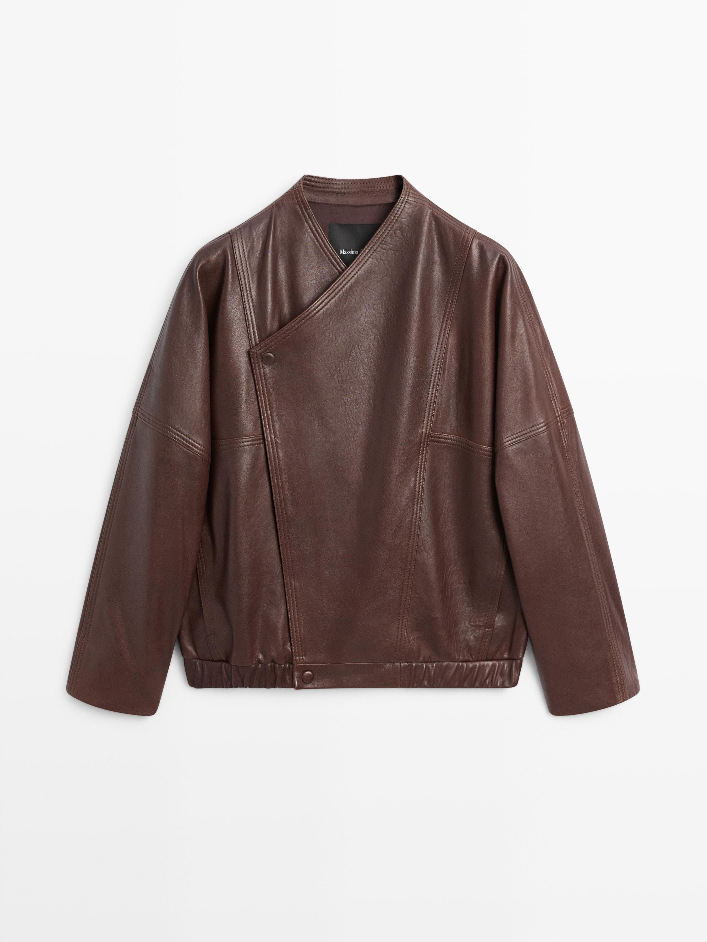 Asymmetric nappa leather bomber jacket | Massimo Dutti UK