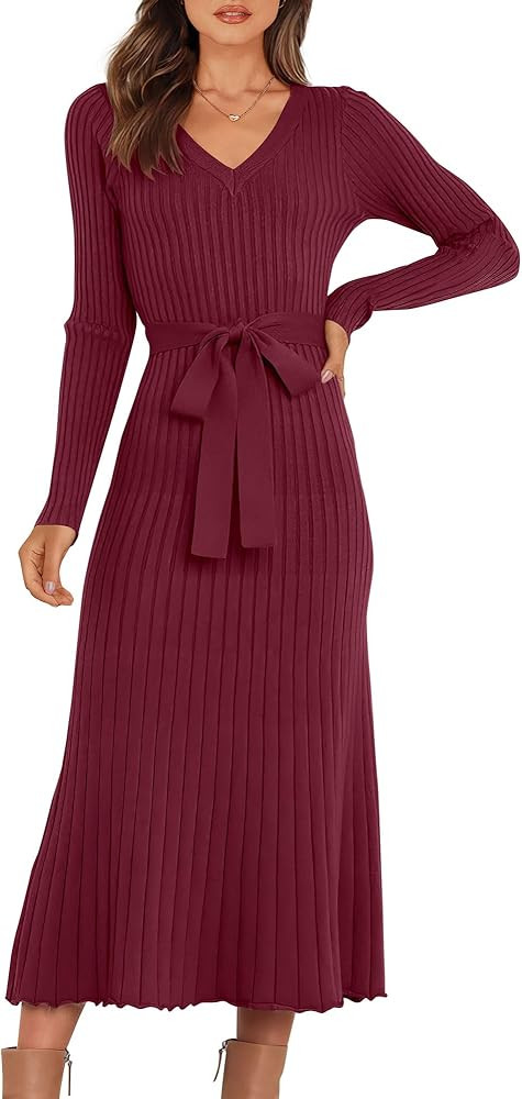 ANRABESS Women's Sweater Dress 2023 Fall Long Sleeve V Neck Tie Waist Slim Fit Elegant Ribbed Kni... | Amazon (US)