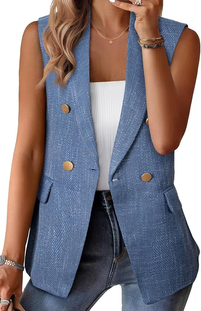 Happy Sailed Women’s Vest Tops Fall Winter Sleeveless Tweed Blazer Jackets Double Breasted Work... | Amazon (US)