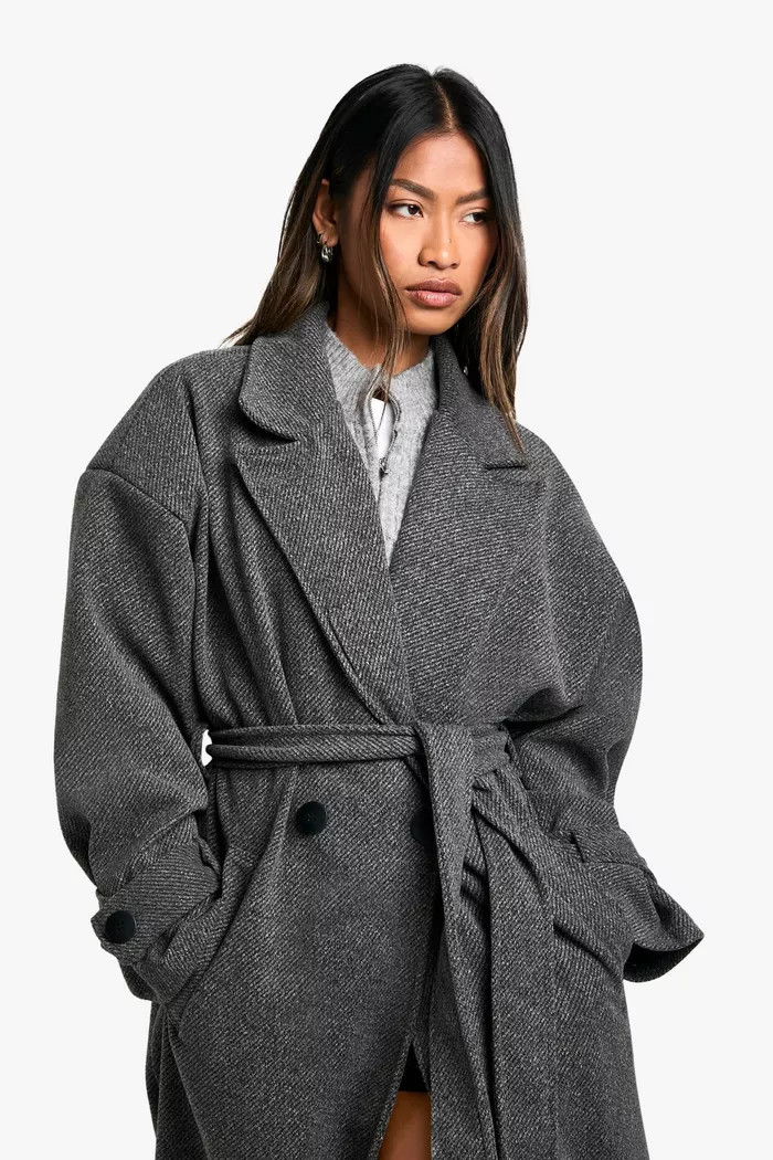 Shoulder Pad Belted Wool Look Coat | boohoo (US & Canada)