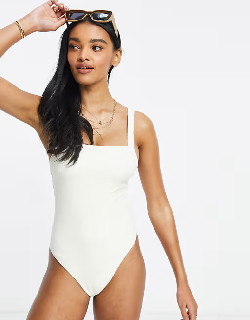 ASOS DESIGN fuller bust square neck velvet rib swimsuit in ivory | ASOS (Global)