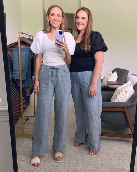 @athleta linen summer spring pants (wearing sizes 2 and 14) with @oldnavy spring puff sleeve top (wearing size XS and L) with sandals and wedges 

#LTKtravel #LTKstyletip #LTKunder100