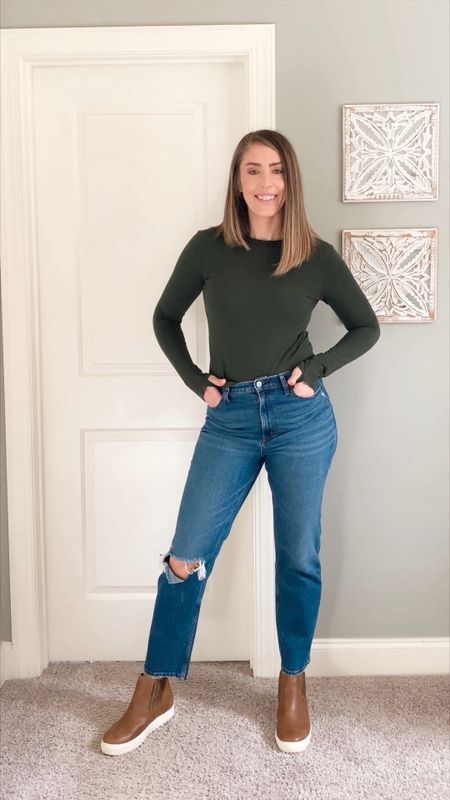 Holiday outfit | causal winter outfit | green long sleeve top | Abercrombie & Fitch | Abercrombie & Fitch Jeans | Ankle Jeans | distressed denim | Athleta top | sneaker boots | Yellow Box shoes | wedge sneakers

#LTKGiftGuide #LTKstyletip #LTKCyberWeek