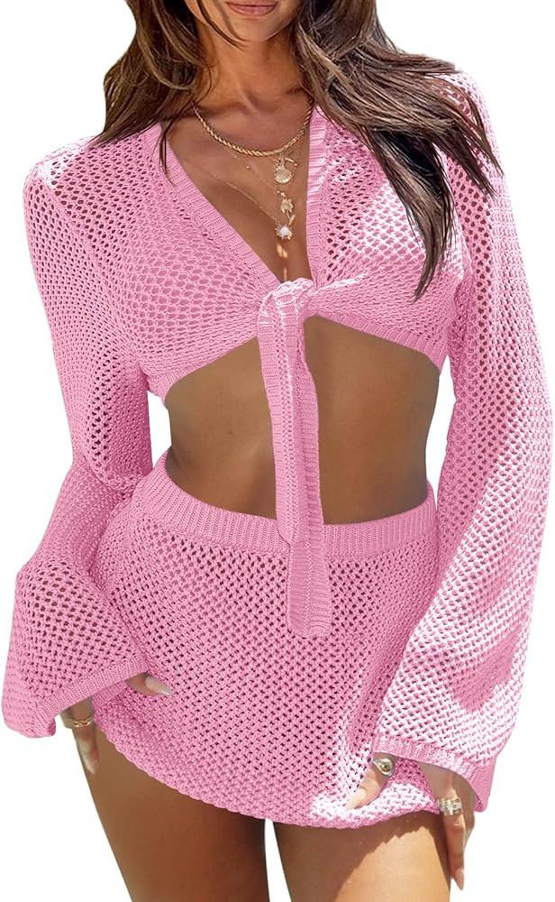 Fisoew Womens Crochet Swimsuit Coverups 2 Piece Bathing Suit Cover Up Long Sleeve Tie Front Crop ... | Amazon (US)