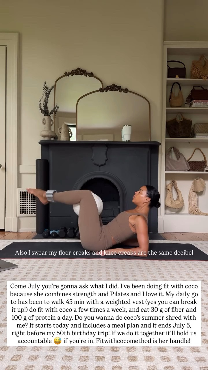 Also I swear my floor creaks and knee creaks are the same decibel  Come July you’re gonna ask what I did. I’ve been doing fit with coco because she combines strength and Pilates and I love it. My daily go to has been to walk 45 min with a weighted vest (yes you can break it up!) do fit with coco a few times a week, and eat 30 g of fiber and 100 g of protein a day. Do you wanna do coco’s summer shred with me? It starts today and includes a meal plan and it ends July 5, right before my 50th birthday trip! If we do it together it’ll hold us accountable 😅 if you’re in, Fitwithcocomethod is her handle!