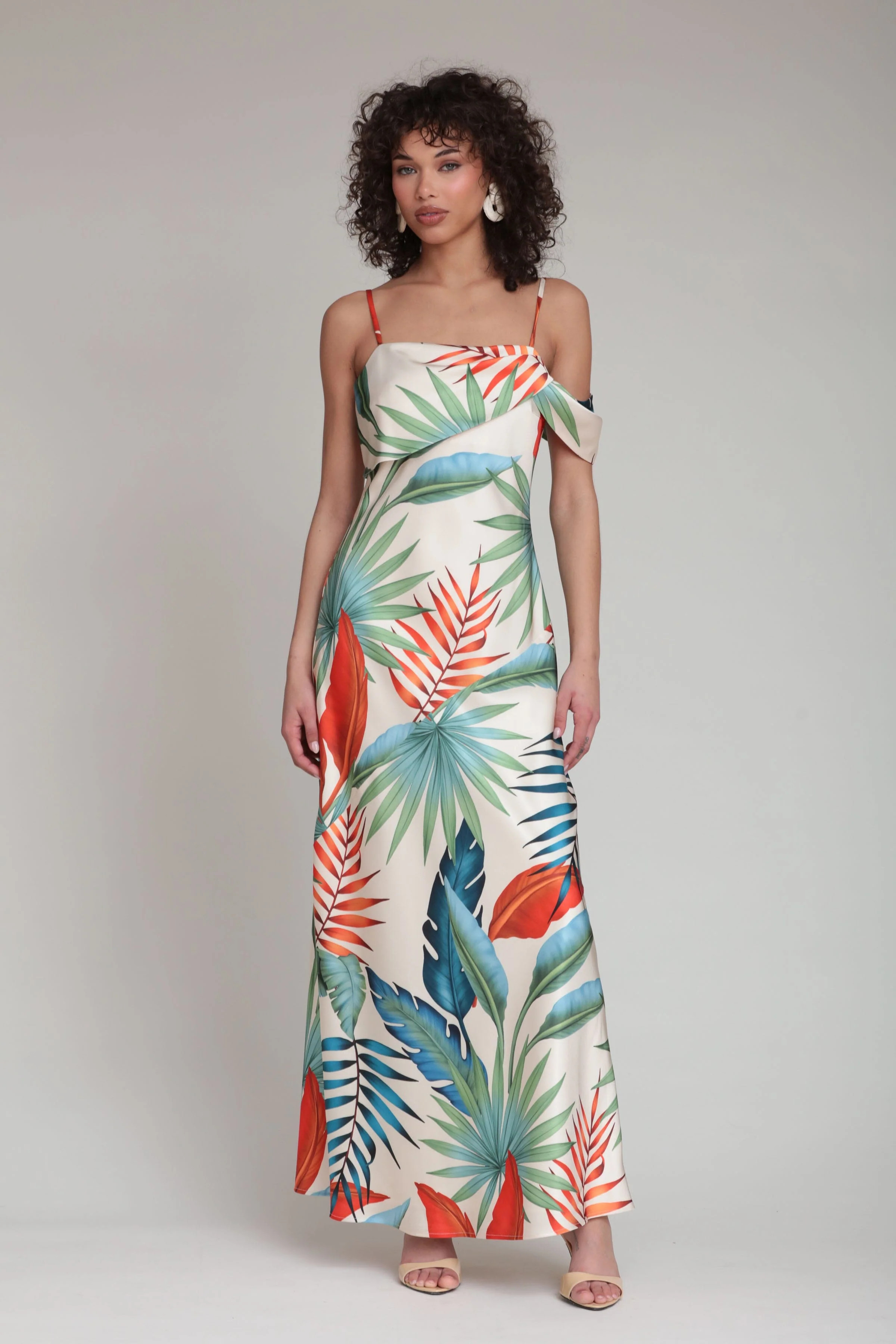 Tropical Satin Bias Cut Maxi Dress | Avec Les Filles