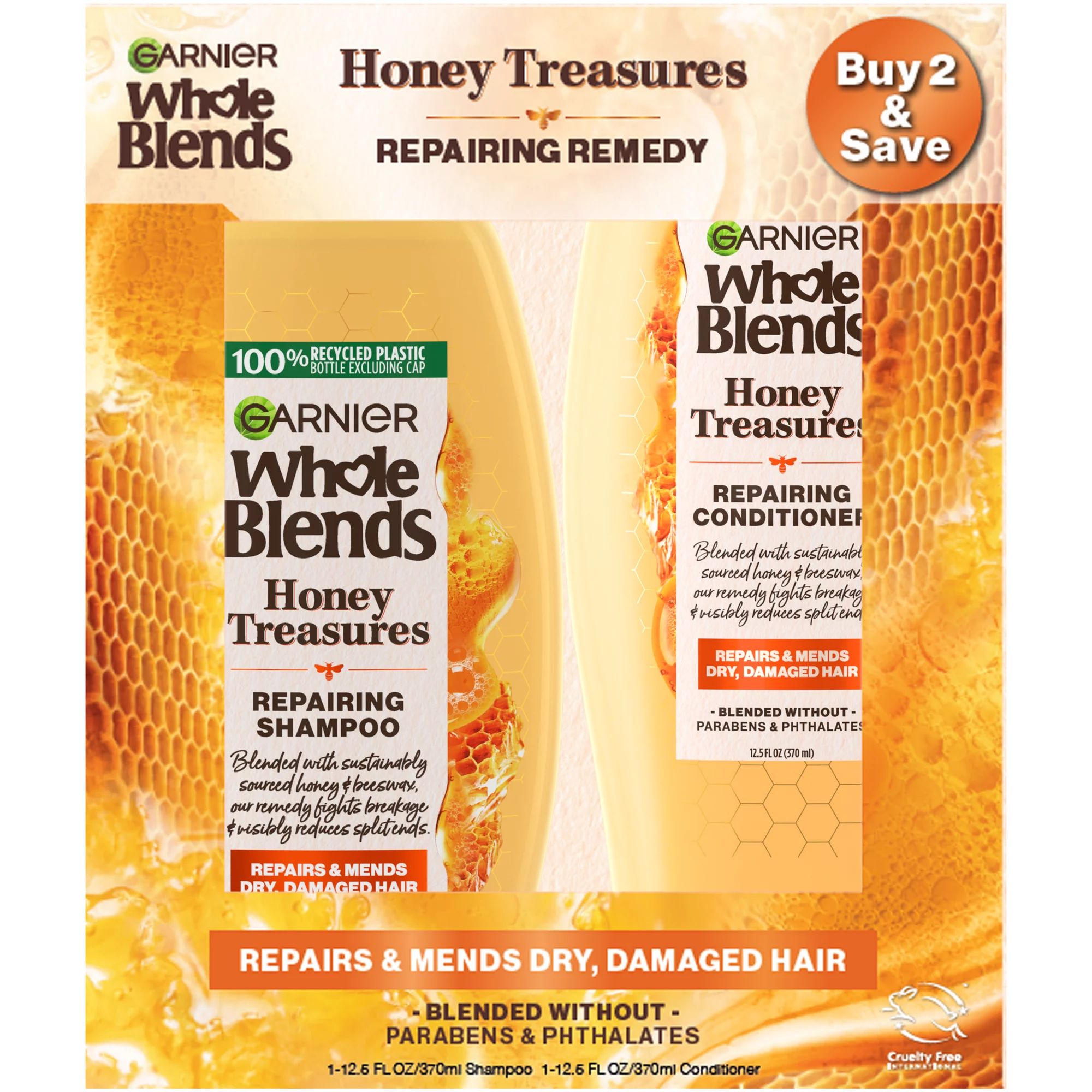 Garnier Whole Blends Honey Treasures Shampoo and Conditioner Set, For Damaged Hair, 1 kit | Walmart (US)