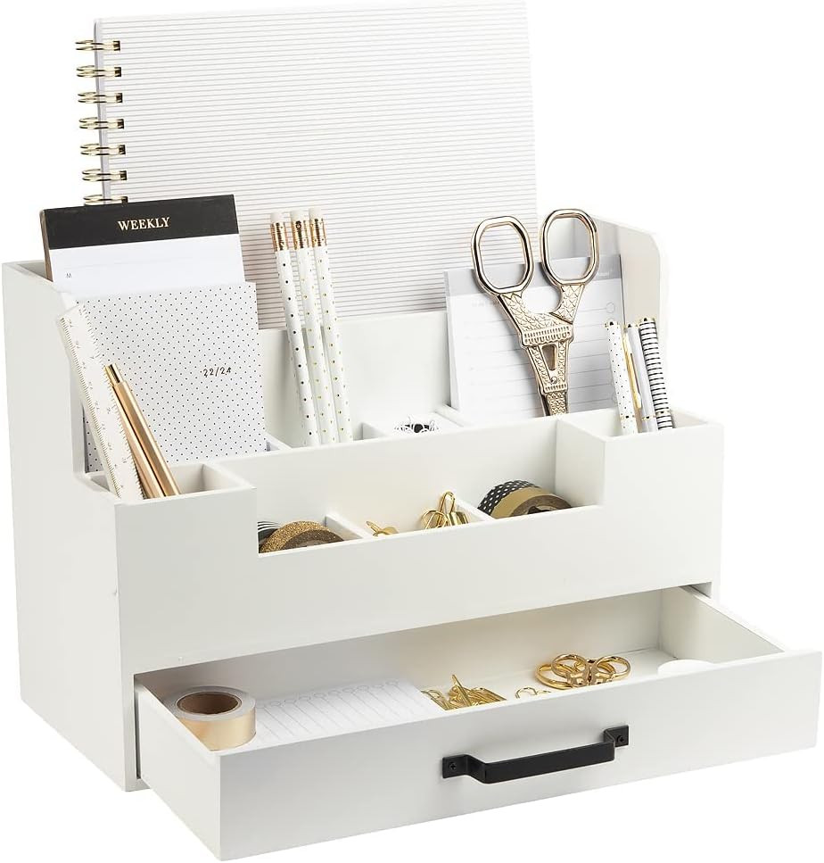 BLU MONACO White Wooden Desk Organizer with Drawer - Office Desk Accessories and Organizer Desk C... | Amazon (US)