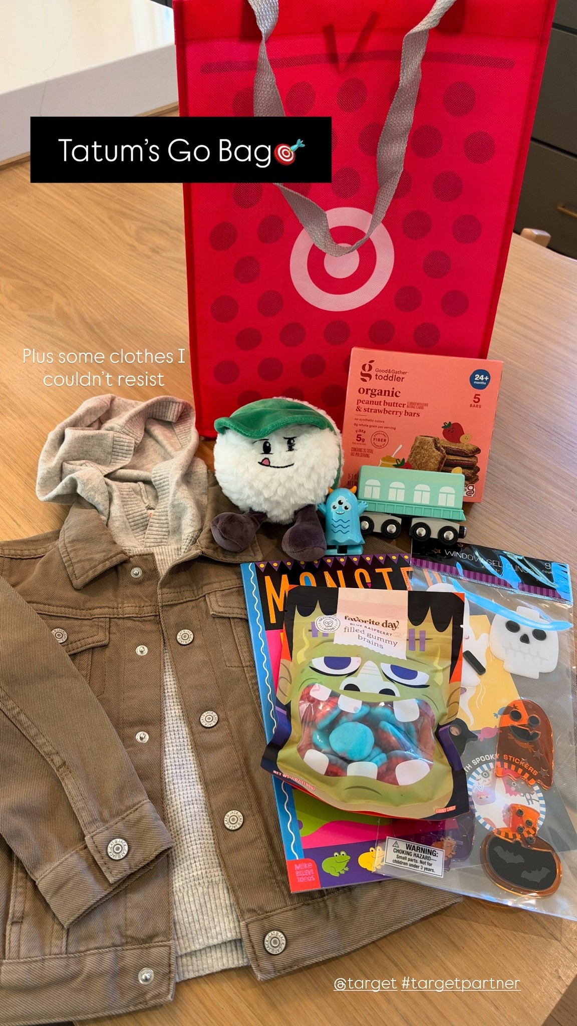 I put together a little Go Bag for Tatum with snacks, toys, and essentials to keep him busy! @Target has a new brand, Gigglescape, with some REALLY cute toddler toys. I linked several things