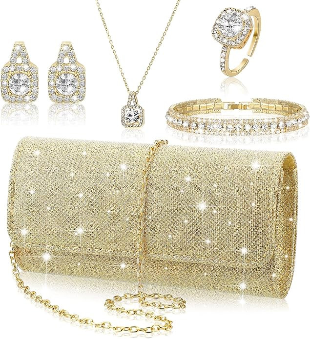 5 Pcs Rhinestone Jewelry Set for Women Glitter Bling Clutch Purse Necklace Earrings Bracelet Ring... | Amazon (US)