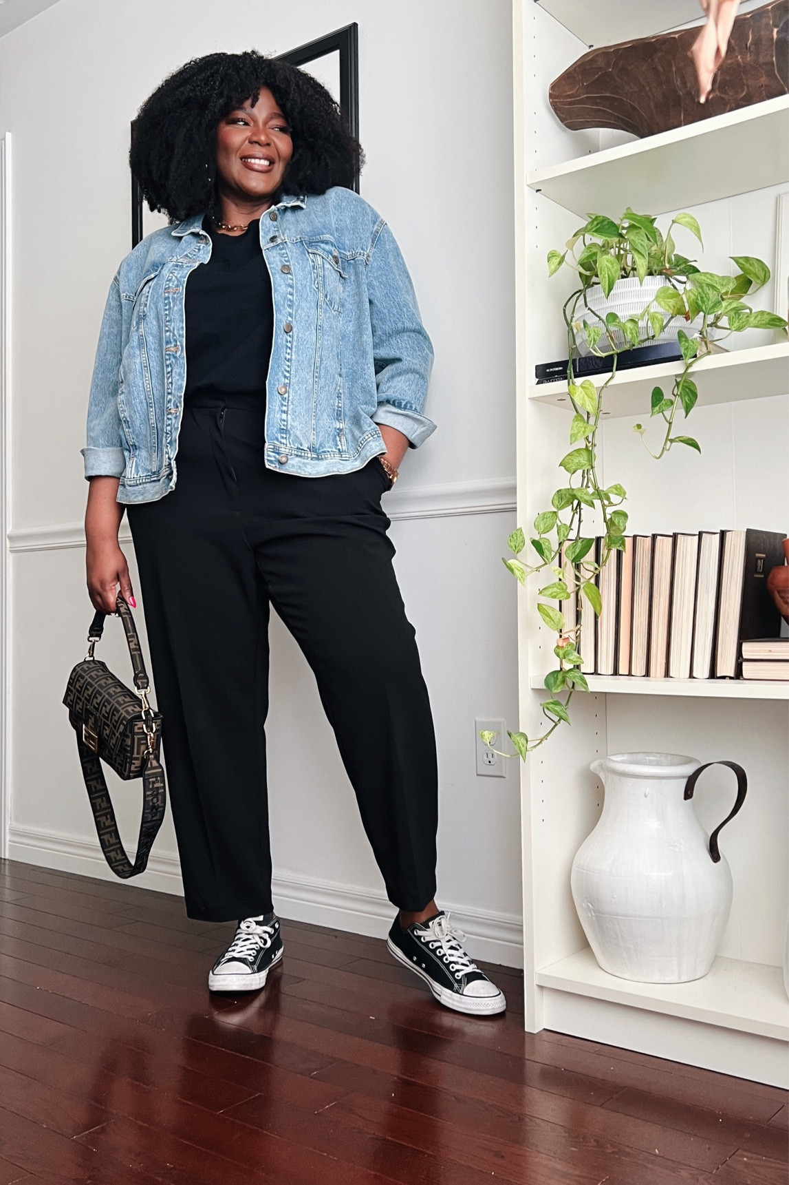 Plus size denim jacket outfit featuring black pants, black converse sneakers, black tee from Amazon, and fendu bag, 

Amazon finds, simple outfit, outfit formula, airport outfit, summer outfit, fall outfit, Europe outfit

#LTKSeasonal #LTKcurves #LTKstyletip
