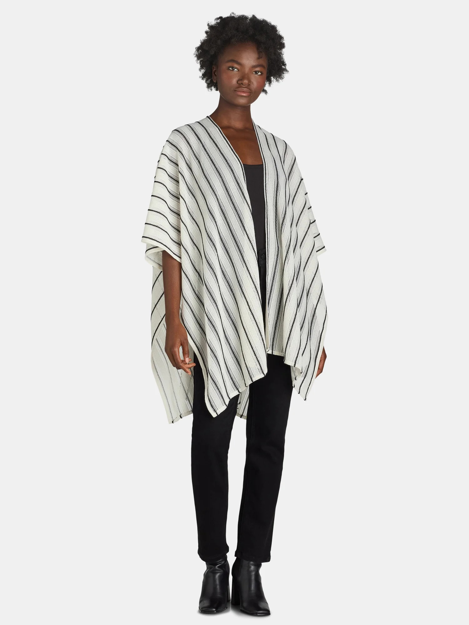 Time and Tru Women's Open Front Knit Ruana, One Size, White/Black | Walmart (US)