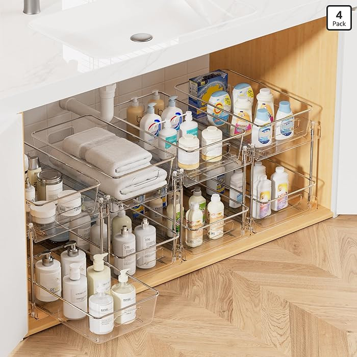 Vtopmart 4 Pack Bathroom Organizer, 2 Tier Clear Under Sink Organizers Vanity Countertop Storage ... | Amazon (US)