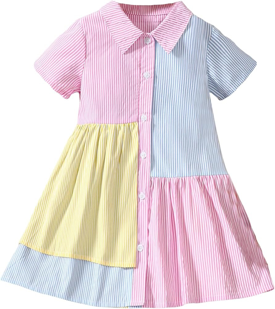 SOLY HUX Toddler Girl's Shirt Dress Striped Color Block Button Down Short Sleeve Short Dresses | Amazon (US)