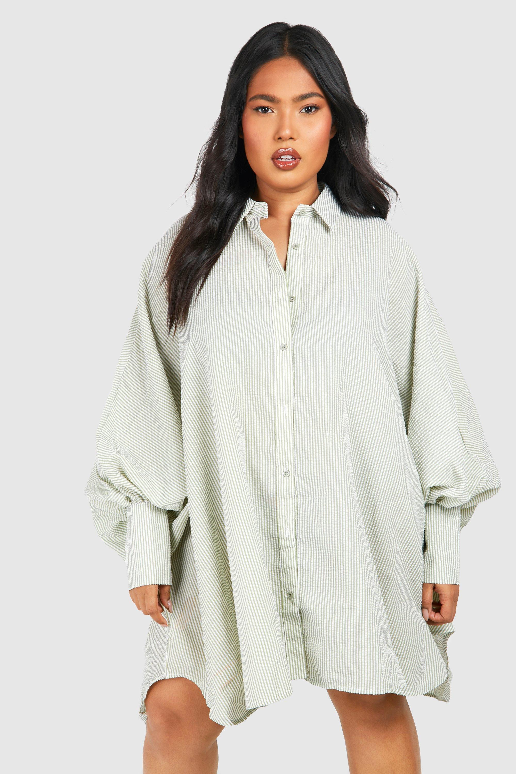 Plus Textured Stripe Puff Sleeve Shirt Dress | boohoo (US & Canada)