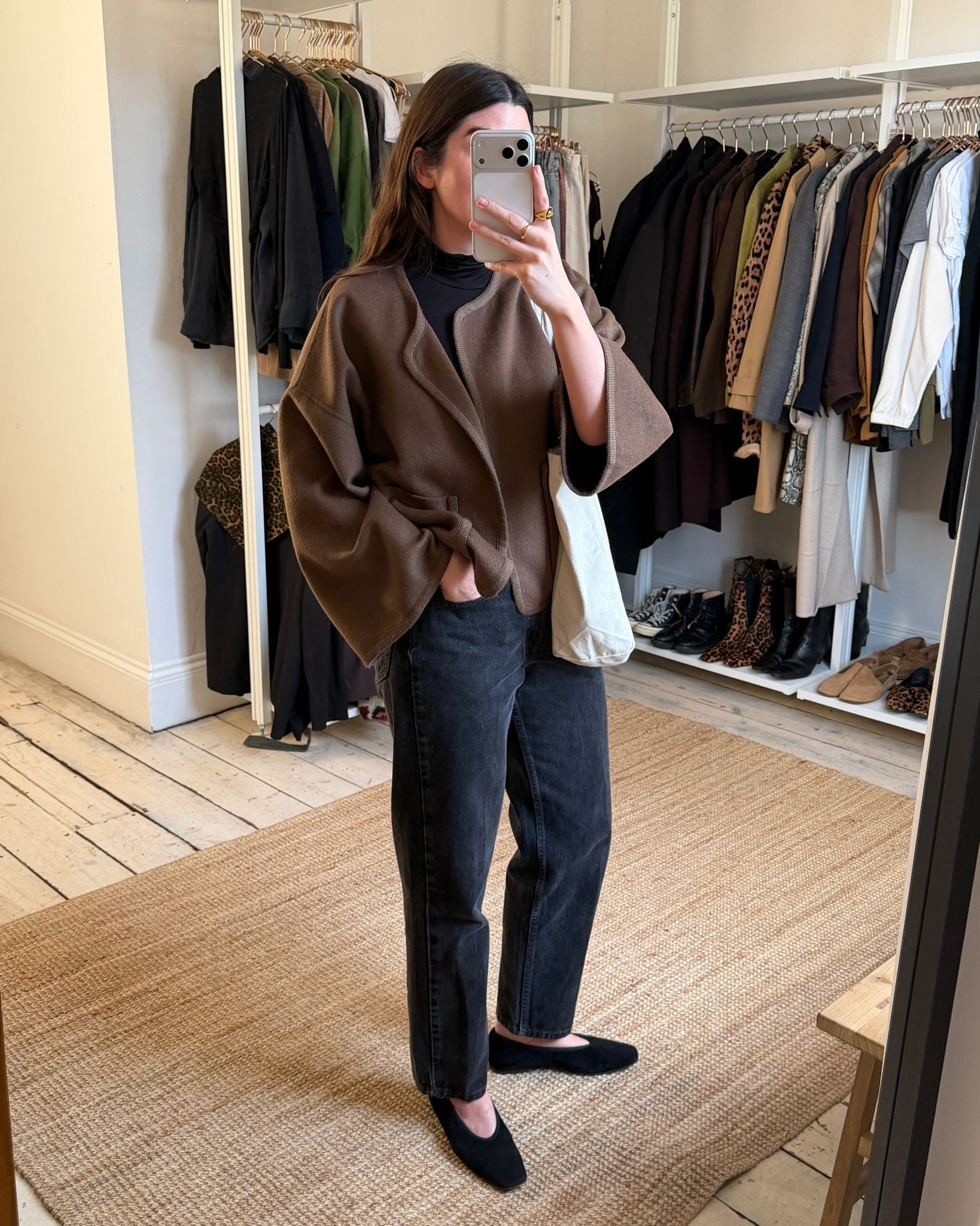 Malene Birger brown jacket, all black outfit underneath, black denim and ballet flats

#LTKspring #LTKstyletip