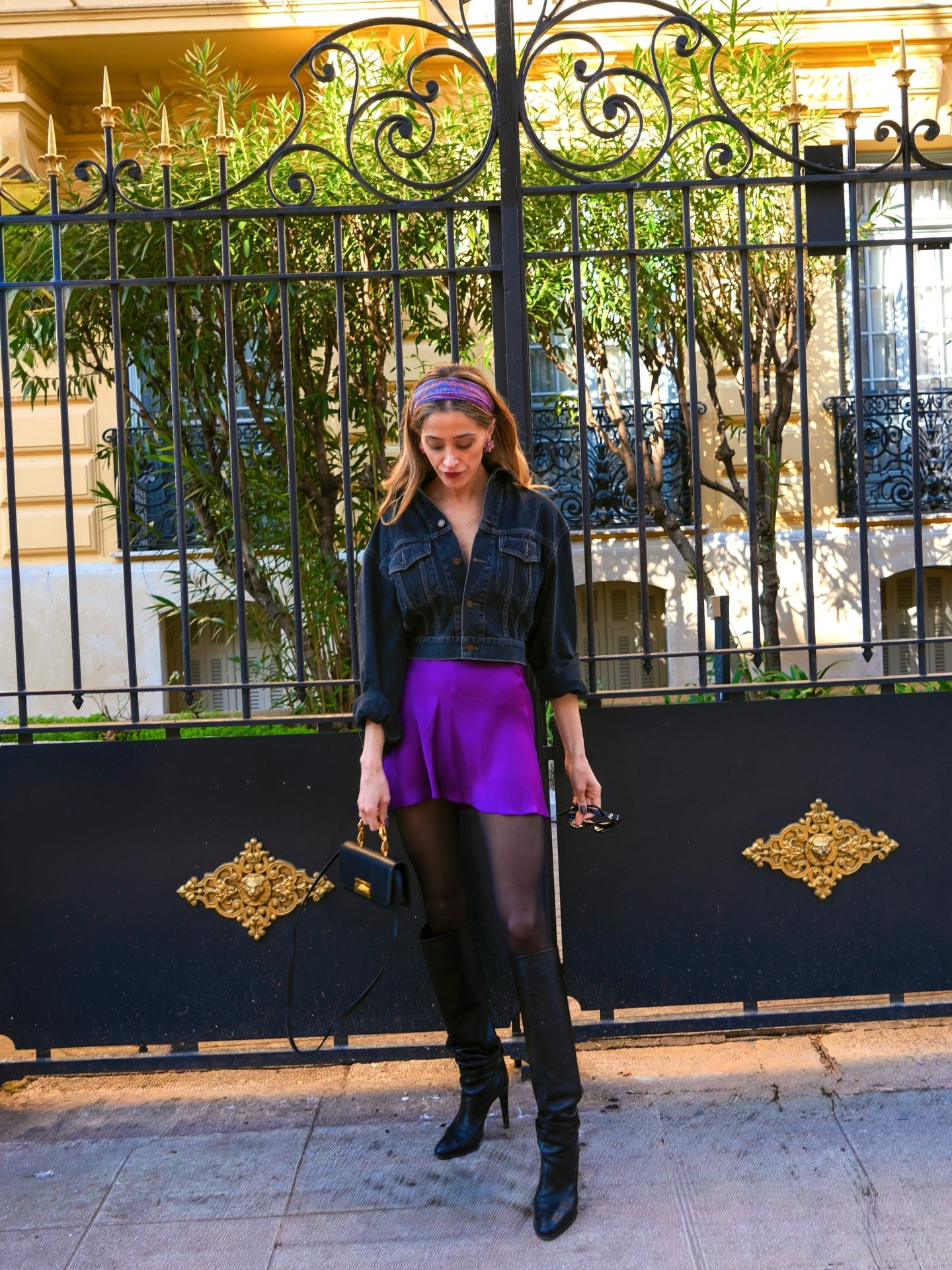 Purple hour on the Riviera. Denim + mini + knee boots. YSL. #yslstyle #ysloutfit #purpleoutfit #denimjacket #fashionoutfit