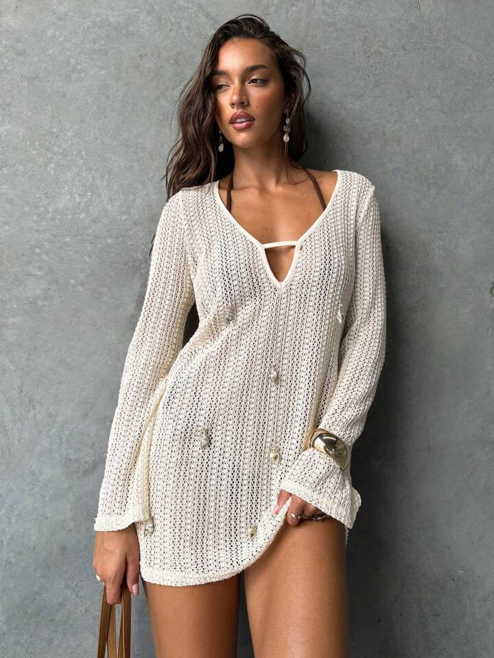 Aloruh Women's Boho New Apricot Color Deep V Swimsuit With Metal Seashell Decor Bell Sleeve Mini Dress, Suitable For Spring/Summer Beach Wear Beach Dress Dress Dresses For Women Summer Dress Beach Outfits For Woman Vacation Outfits Woman Dresses For Women Summer Cover Ups For Swimwear Vacation Outfits Women Country Concert Outfit | SHEIN