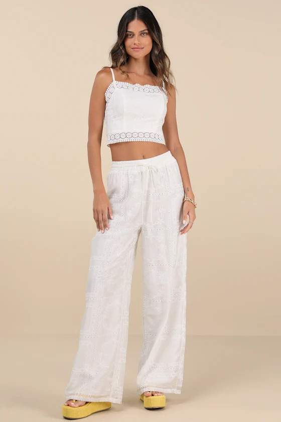 Anthoula White Eyelet Embroidered Drawstring Pants | Lulus