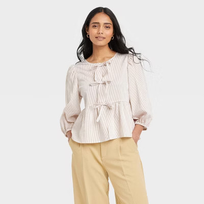 Women's Elbow Sleeve Peplum Tie-Front Blouse - A New Day™ | Target