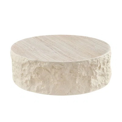 Modern Round Coffee Table, Fiberglass Imitation Stone Design, Rounded Edges, Scratch Resistant Waterproof, No Assembly Required, Beige | Wayfair North America