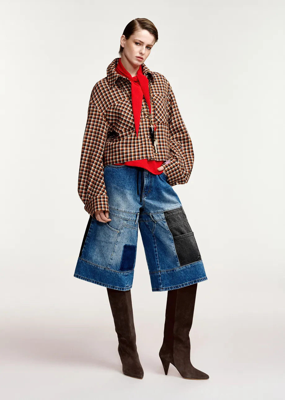 Brown, black and cream checked wool-blend jacket with patch pockets | Essentiel Antwerp United Ki... | Essentiel Antwerp