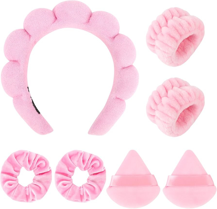 Spa Headband Set, 7Pcs Puffy Terry Cloth Headband and Wristband for Skincare, Makeup, Yoga, Showe... | Amazon (US)
