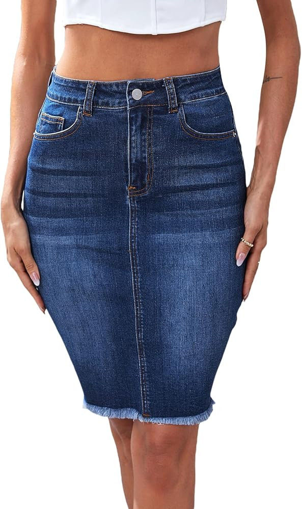 Floerns Women's Casual High Waist Raw Hem Bodycon Pencil Denim Skirt | Amazon (US)