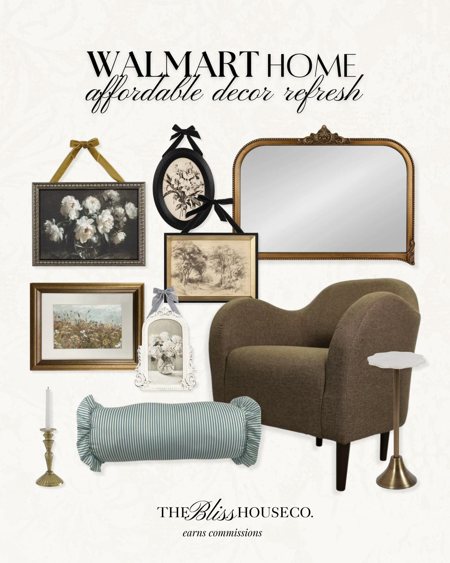 Walmart home affordable decor refresh 🤍 

Modern vintage, My Texas House wall art, framed art, bow detail, striped pillow, living room, candle holder, accent chair, cozy style, Walmart home.
 

 #LTKHome #LTKFindsUnder50 #LTKFindsUnder100