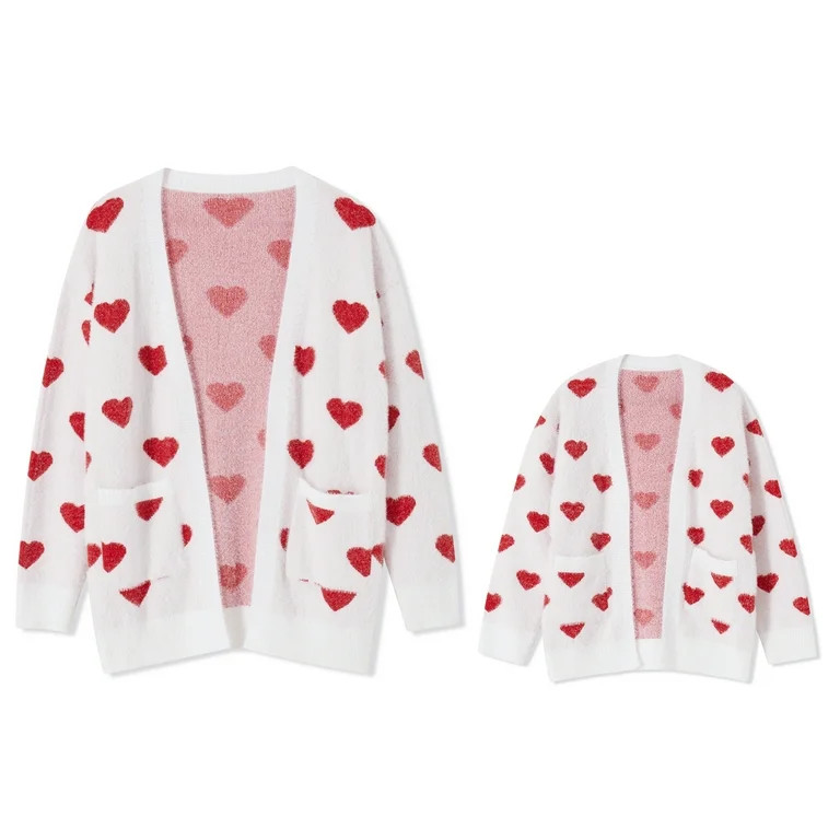 Mommy and Me Valentine's Day Outfits Heart Pattern Long Sleeve Open Front Cardigan Sweater | Walmart (US)