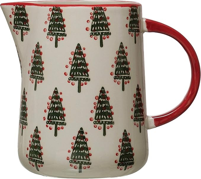 Creative Co-Op 7-1/2"L x 5" W x 6-1/4"H 32 oz. Hand-Painted Stoneware Pitcher w/Christmas Tree Pa... | Amazon (US)