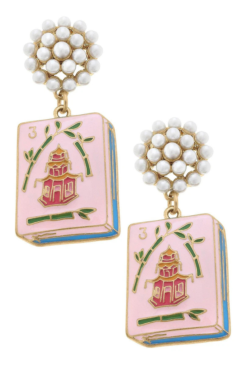 Mahjong Tile Pearl Cluster Enamel Drop Earrings in Pink | CANVAS