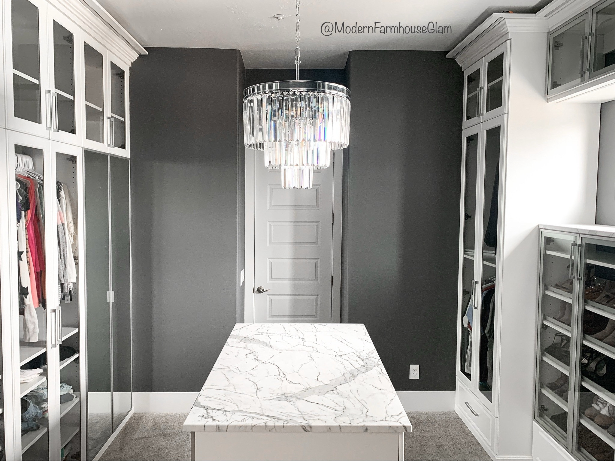 Crystal chandelier in master bedroom closet at modernfarmhouseglam. Lighting fixtures, Wayfair, pottery barn, restoration hardware, gray paint color, behr paint, living room, family room, hallway lighting

#LTKHome