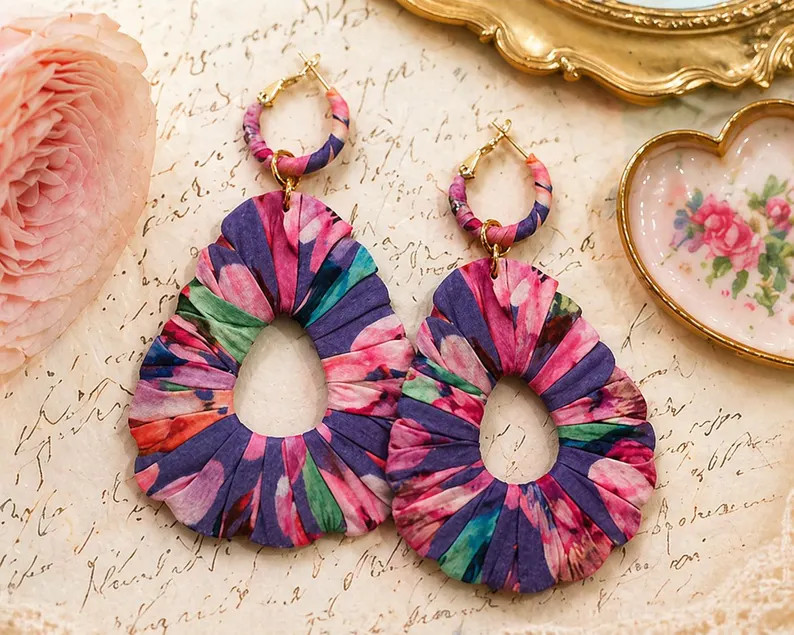 Floral Silk Statement Earrings, Lightweight Teardrop Earrings, Colorful Fabric Earrings, Romantic... | Etsy (Global)