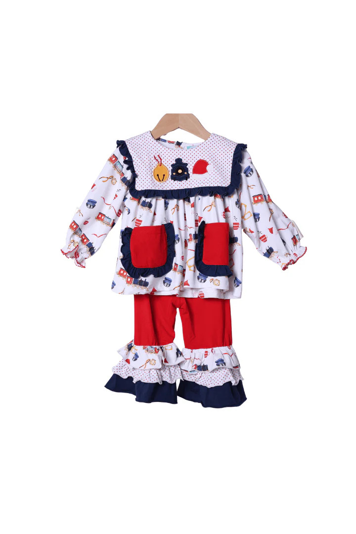 Applique Christmas Train Ruffle Pant Set | The Smocked Flamingo