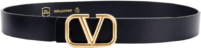 V Letter Belt Genuine cow Leather Belt Pin golden Buckle in Black 3.8cm wideth fashionable for wo... | Amazon (US)