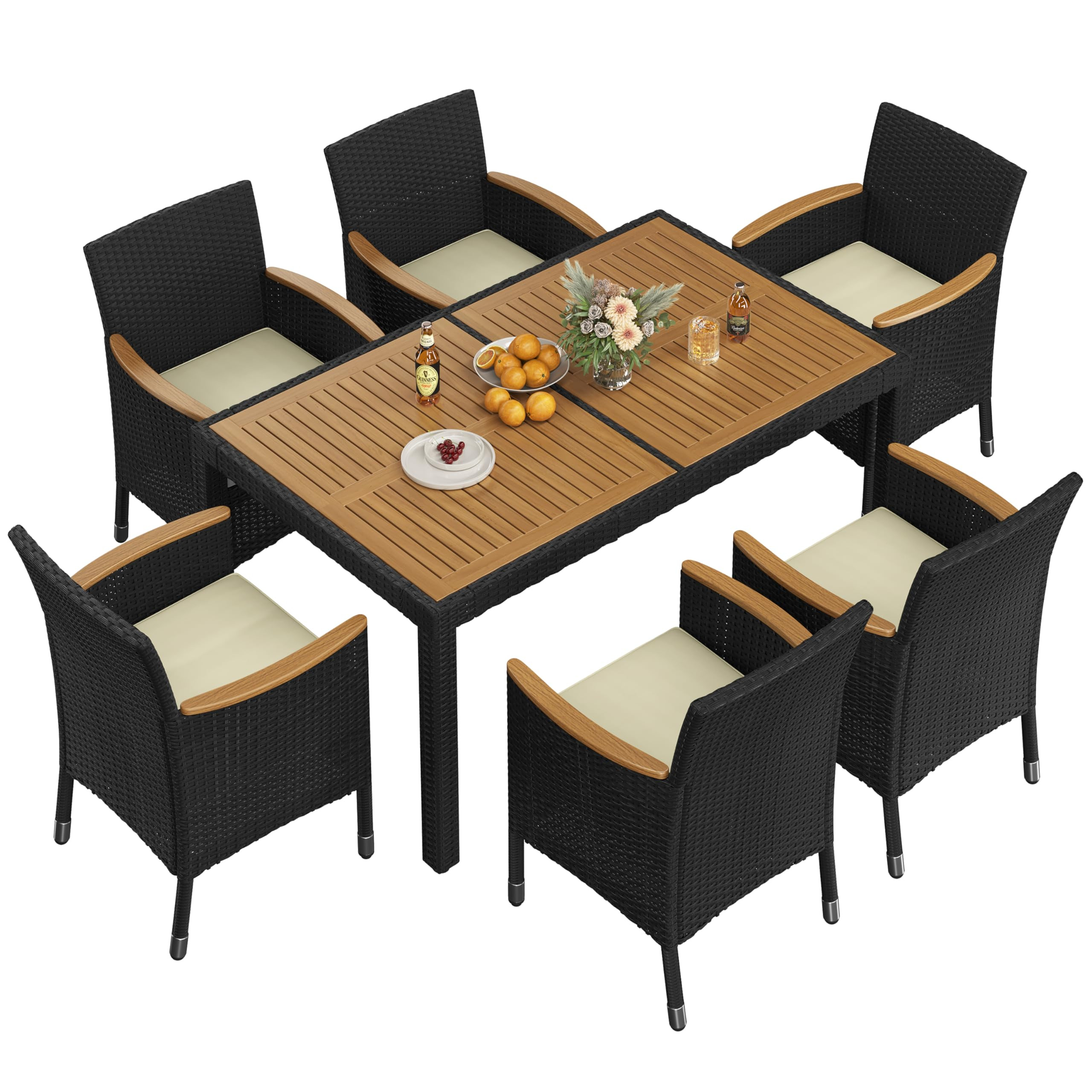 Yaheetech 7 Piece Patio Furniture Set, Outdoor Dining Acacia Wood Table Top Rattan Conversation S... | Amazon (US)
