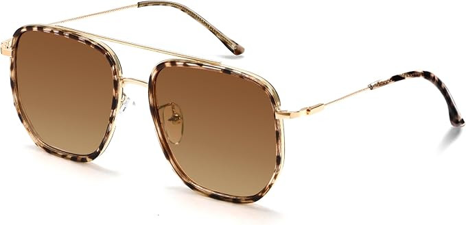 Retro Square Aviator Sunglasses for Women Men, Oversized Metal Double Bridge Trendy Sun Glasses | Amazon (US)