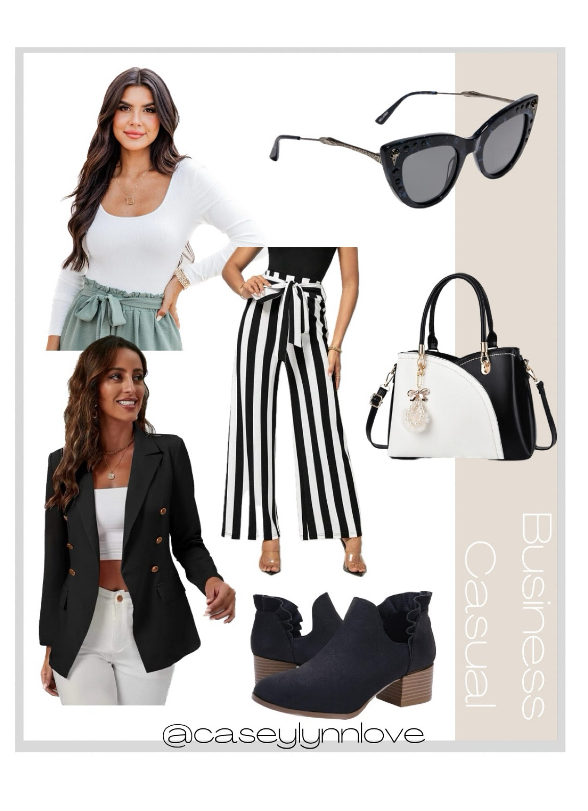 Workwear for the office.

Handbag. Shoes. Jewelry. Sunglasses.