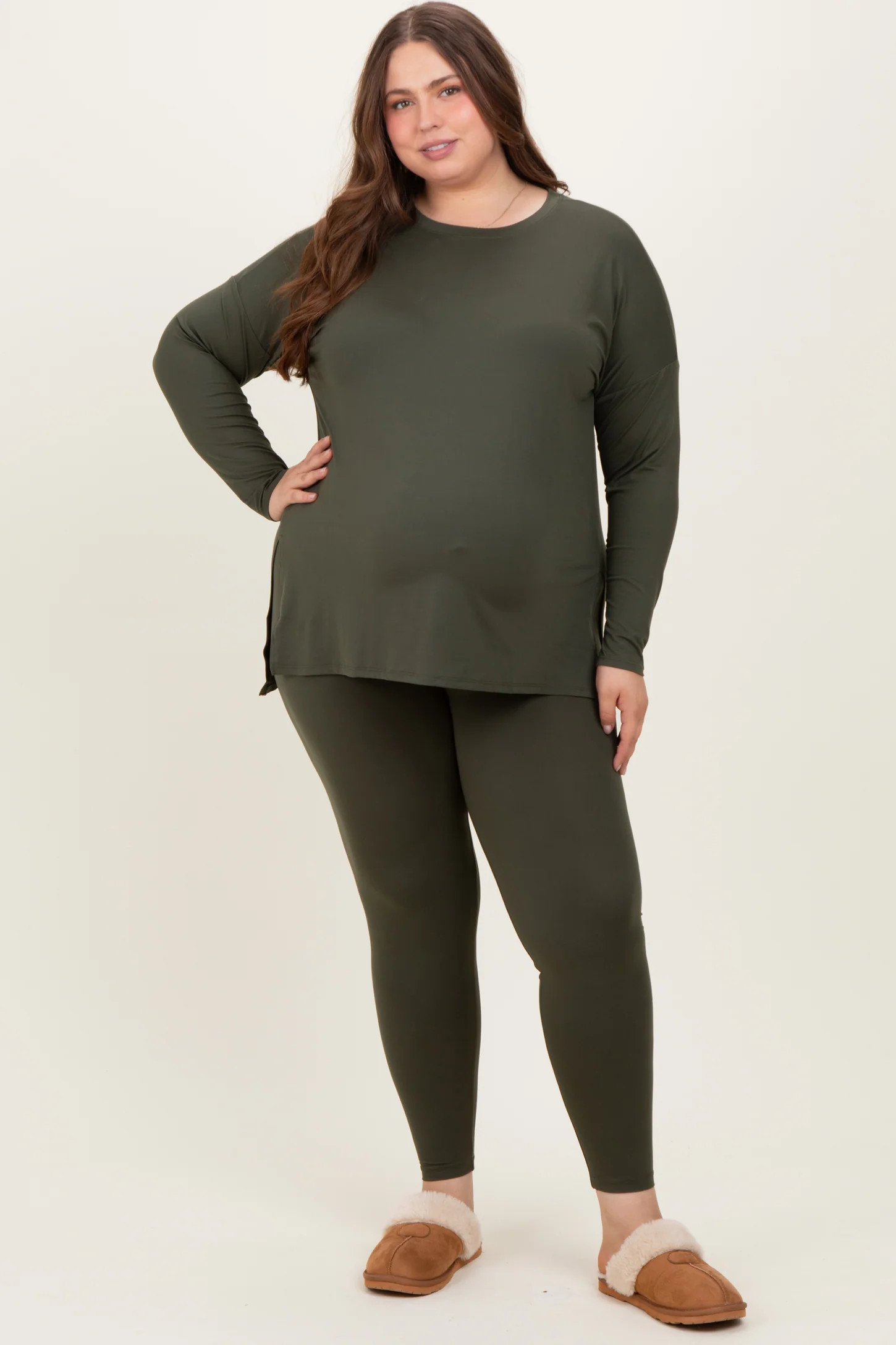 Olive Brushed Knit Oversized Top and Legging Maternity Plus Set | PinkBlush Maternity