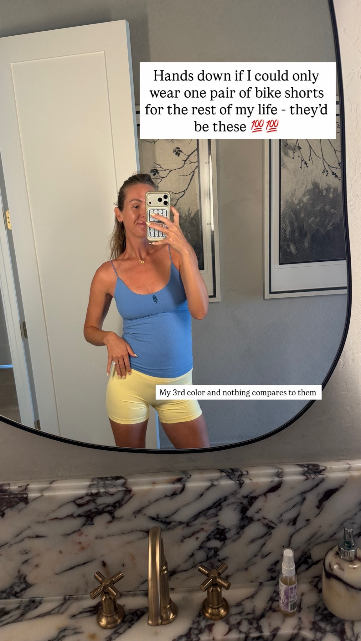 Best bike shorts ever ever ever! Also love this tank it has a built in bra! Not overly supportive for a workout but so cute for walking / lounging. Small in shorts, M/L in tank!