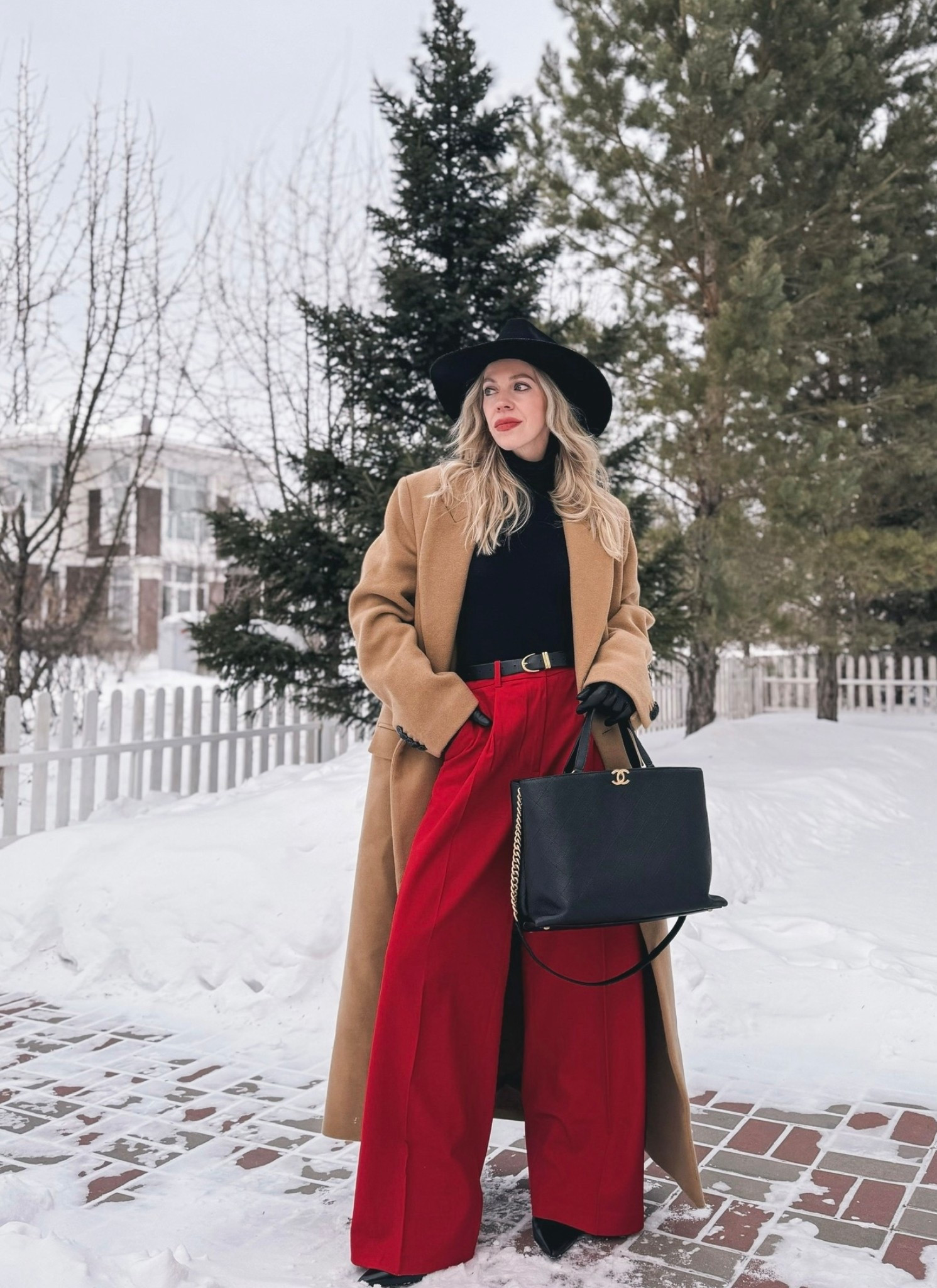 Camel coat, red wide leg pants, black red and camel outfit, winter workwear, black leather gloves, Valentine’s Day look

#LTKOver40 #LTKWorkwear #LTKValentine