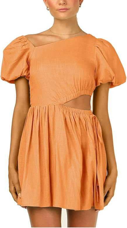 AEL Women's Square Neck Cut Out Mini Dress Short Puff Sleeve Summer Casual Solid Swing Flared Sun... | Amazon (US)