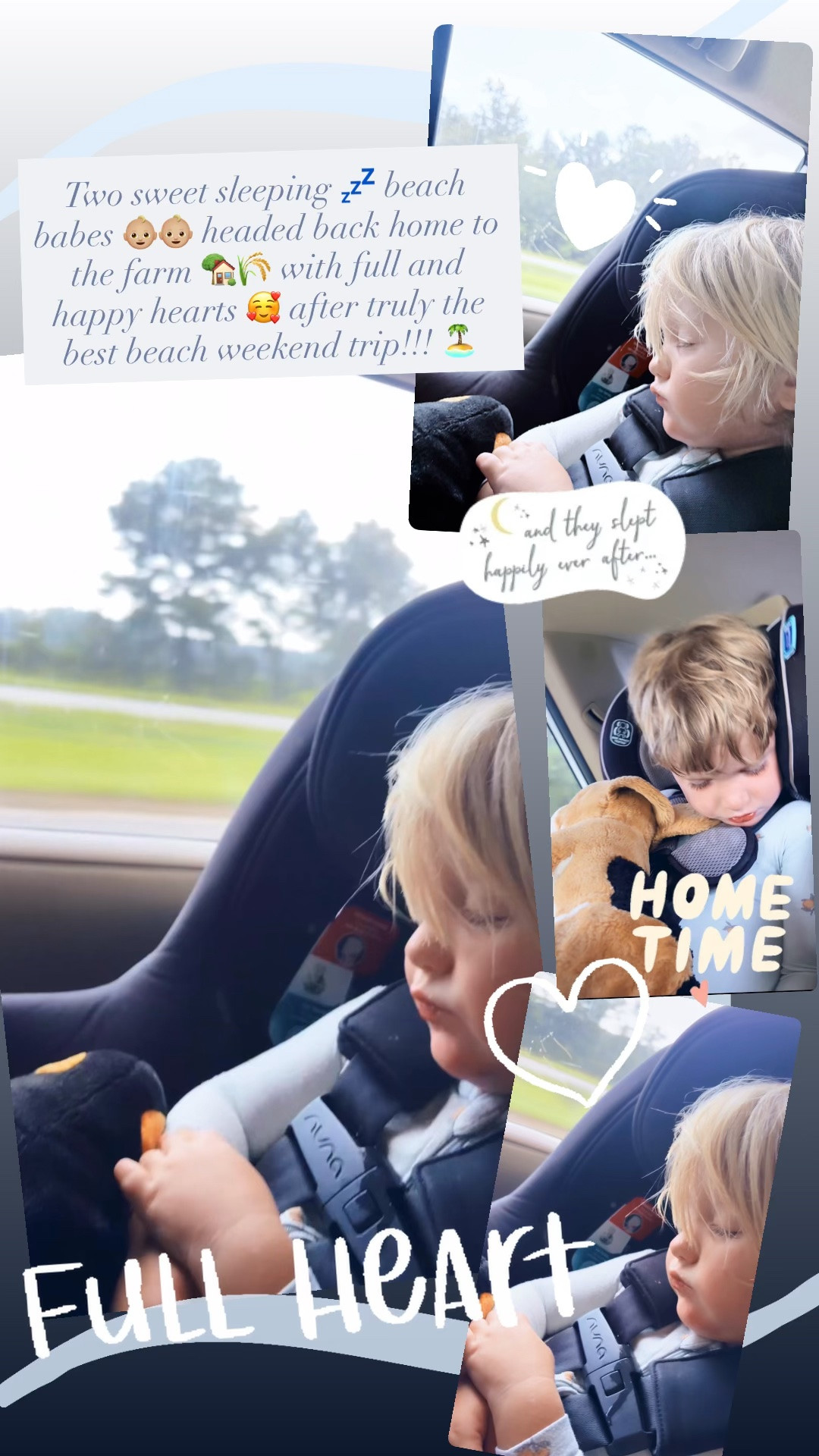 Two sweet sleeping 💤 beach babes 👶🏼👶🏼 headed back home to the farm 🏡🌾 with full and happy hearts 🥰 after truly the best beach weekend trip!!! 🏝️