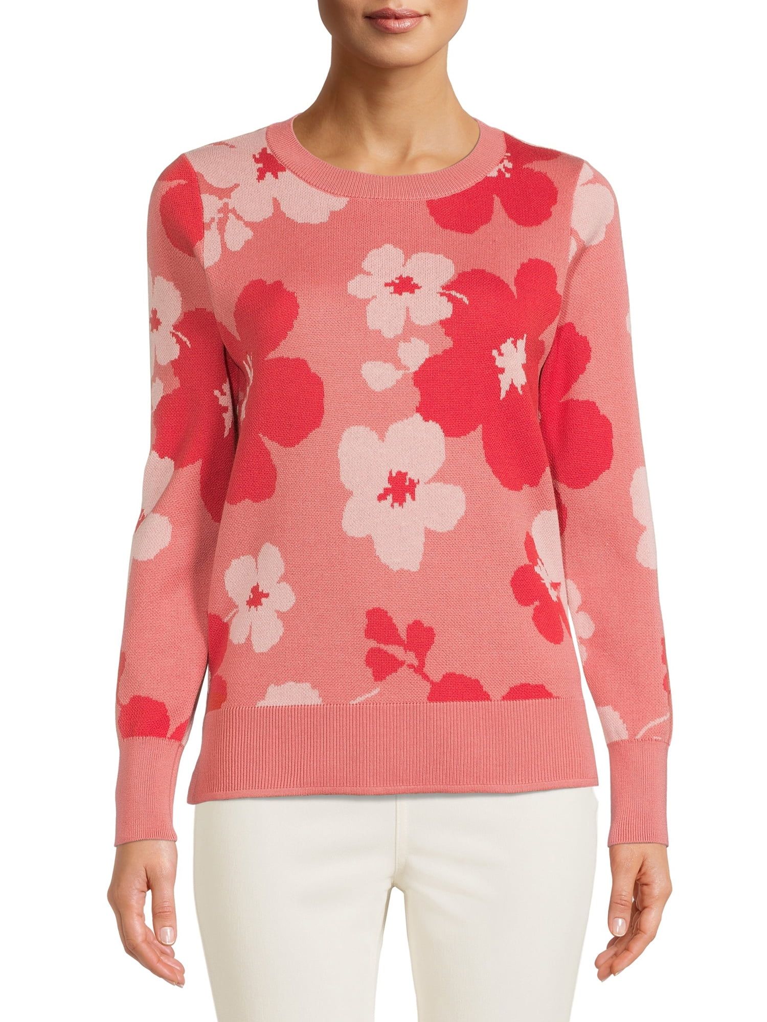 Time and Tru Women's Pink Flowers Sweater | Walmart (US)