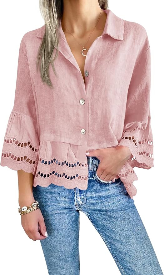 Cicy Bell Womens 3/4 Bell Sleeve Button Down Shirts Casual Ruffle Hem Tops Eyelet Blouse | Amazon (US)
